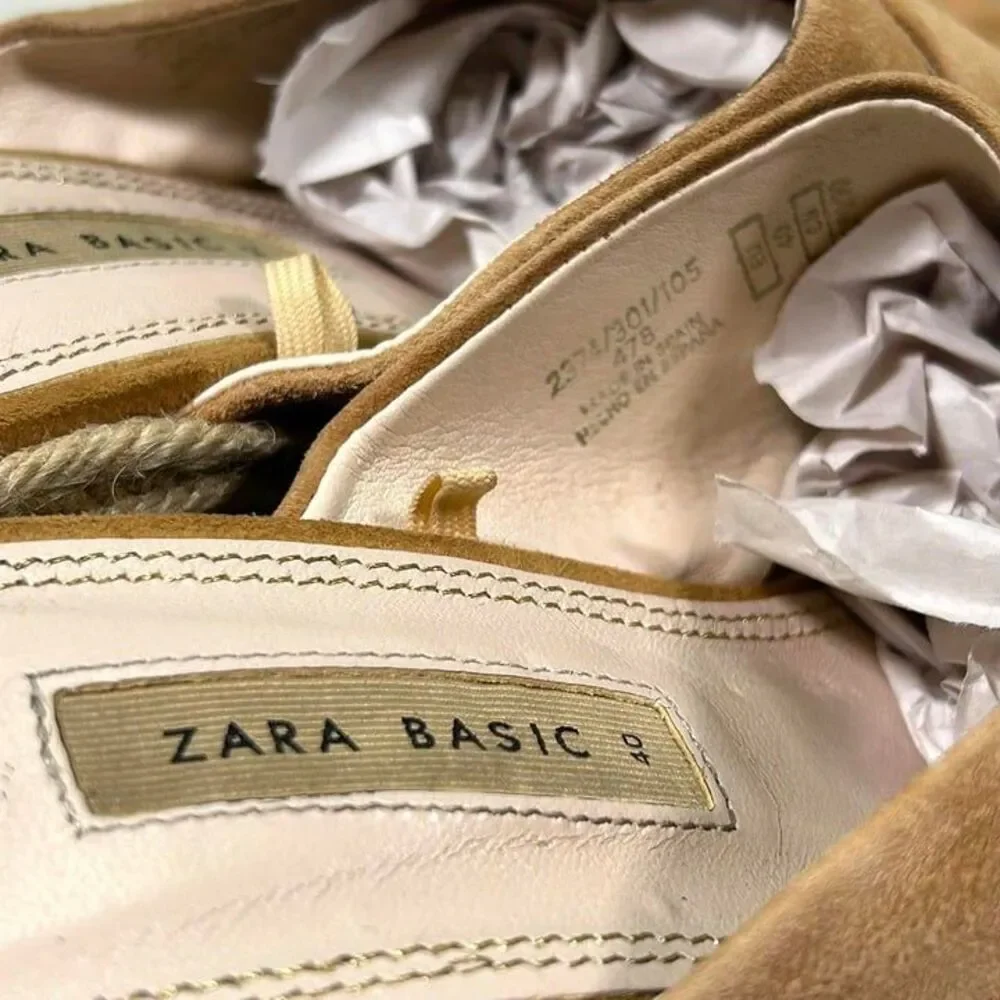 Zara Basic Suede Block Heel Open Toe Espadrille Sandals‎ Womens 40 (US 10) Tan